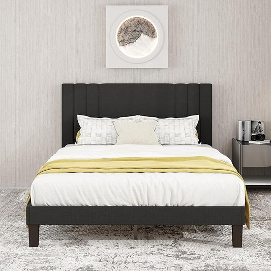 Tyndall Queen Size Bed Frame, Linen Fabric Upholstered Platform with Headboard