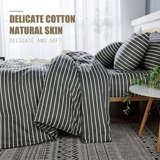 JELLYMONI 100% Natural Cotton 3pcs Striped Duvet Cover Sets, Dark Grey with White Stripes Pattern Printed Comforter Cover, with Zipper Closure & Corner Ties(Queen Size)