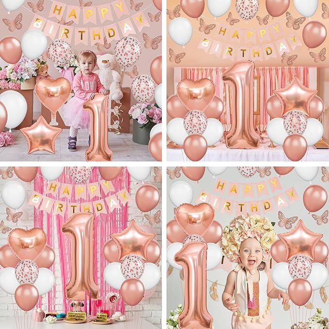 1st Birthday Decoration for Girls, Rose Gold 1st Birthday Balloon, Rose Gold Number 1 Balloon with Butterfly Stickers, Star Heart Foil Balloons Banner Set for Baby 1 Year Old Birthday Party Decor