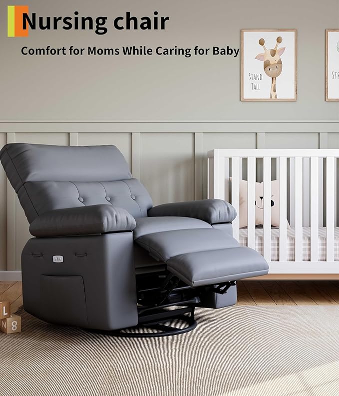 GarveeHome Power Rocker Swivel Recliner Chair - Heat and Massage, PU Leather Electric Glider Rocking Chair with USB Port, Glider Recliner Nursery Chair for Living Room, Bedroom, Nursery