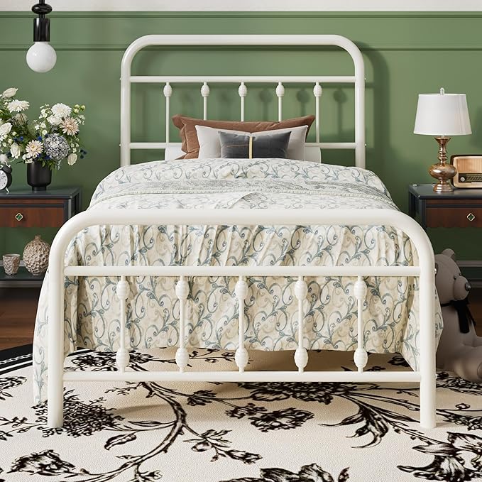 SHA CERLIN Twin Size Metal Platform Bed Frame with Victorian Style Iron-Art Headboard and Footboard, Easy Assembly, Under Bed Storage, No Box Spring Required, White