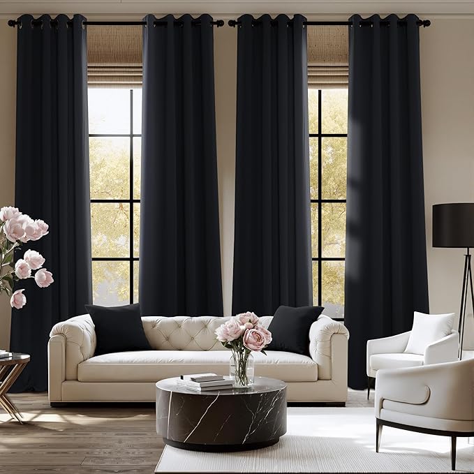 NICETOWN 100% Black Out Curtains 63 Inches Long 2 Panels for Living Room, Bedroom, Office Thermal Insulated Blackout Drapes Solid Grommet Noise Reducing Window Curtains, W40