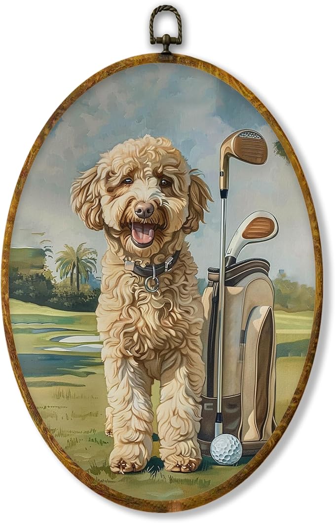 Hiuwevt Goldendoodle Golf Oval Wall Art Decor, Goldendoodle Gifts for Women Framed Canvas Prints, Rustic Golfing Dog Oval Wall Hanging Decor for Home Gym Sport Room Decorations, 8.6x11.4 Inches