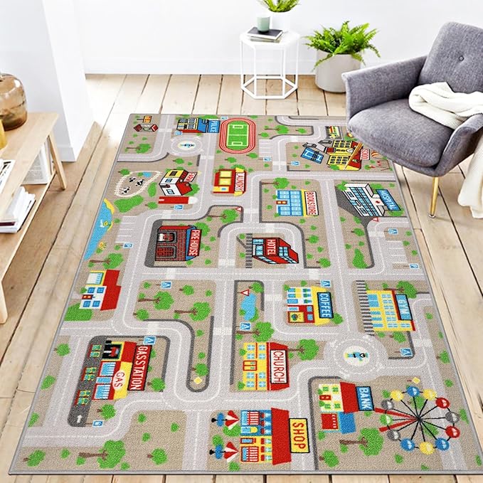 Kids Carpet Playmat Rug 5'2''x3'3'', Kids Rugs for Bedroom, Non-Slip Town City Road Map Car Rugs for Kids Toy Cars, Track Carpet Play Rug for Playroom Classroom Decor (Tan)