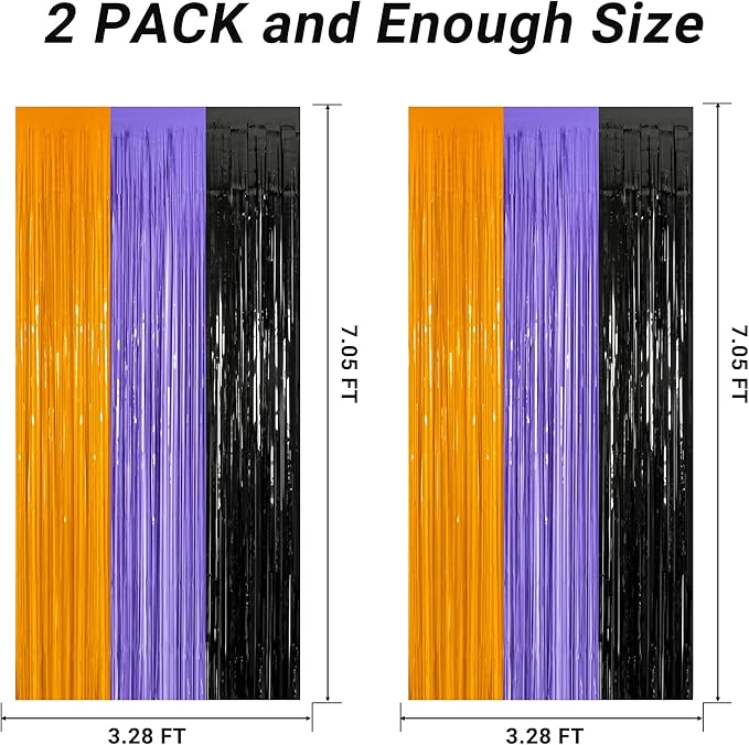 2 Pack Halloween Backdrop, 3.28 FT x 7.05 FT Foil Fringe Curtains, Orange Purple Black Party Streamer Tinsel Backdrop Curtains, Halloween Decorations Door Decor Photo Props Party Supplies