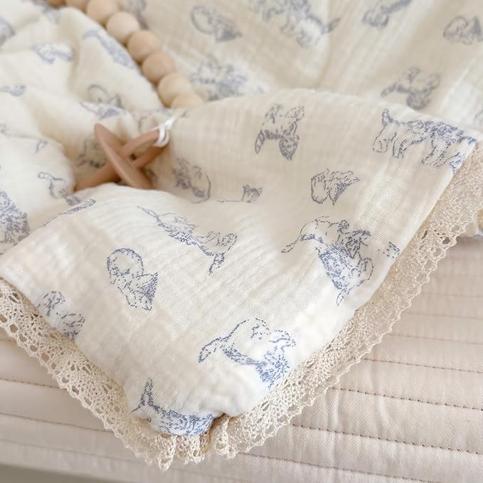 BuLuTu Boys Girls Toddler Bed Quilted Blanket Cotton Muslin Thin Summer Comforter for Twin Size Bed, Soft Breathable Kids Quilt with Lace Edges, 60x78 Inches, Blue Cat Pattern, No Pillow