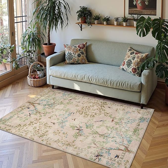jinchan Yarden Botanical Birds 3x5 Beige Area Rugs for Entryway Washable Non Slip Soft Nature Plants Modern Kids Room Carpet Vintage Ultra Thin Low Pile Rug for Living Room Kitchen Bathroom Front Door