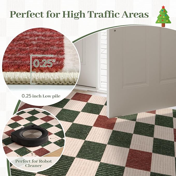 Machine Washable 5x7 Area Rugs for Living Room Christmas Clearance Checkered, Non Slip Low Pile Farmhouse Modern Neutral Playroom Boys Rugs for Bedroom, Carpet Rugs for Dining Room(Christmas,5'x7')