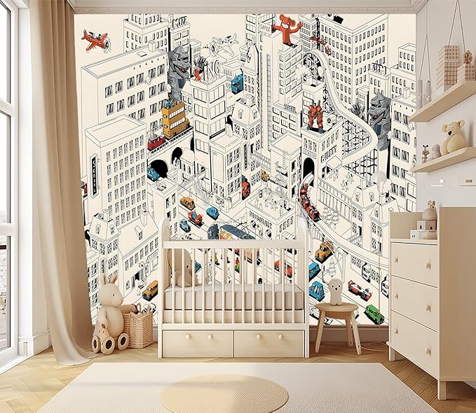XMPMBM-Cartoon Comics City Nursery Room Fabric Wallpaper Kids Bedroom Hand-Painted Graffiti Wall Mural-W 132" X H 92"（93 Square Foot）