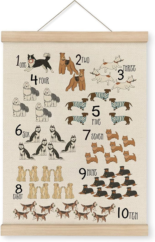 MAQIKA Numbers Poster Framed with Wood Hanger, Playroom Wall Decor, Nursery Wall Decor, Animal Hanging Wall Decor, Alphabet Numbers Canvas Wall Art for Classroom Kids Room Toddlers Room 12x16 Inch