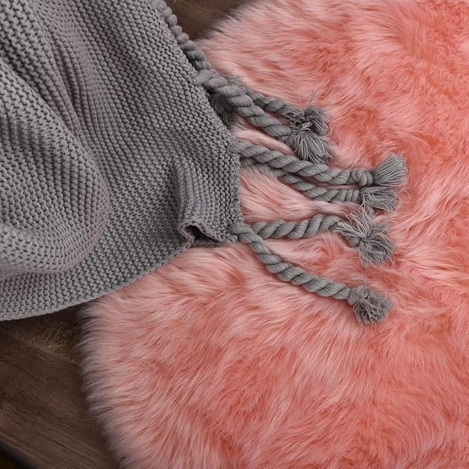 Pink Plush Round Rugs 6ft Large Washable Faux Fur Area Rugs for Living Room Boho Circle Fluffy Sheepskin Fur Rug for Nursery