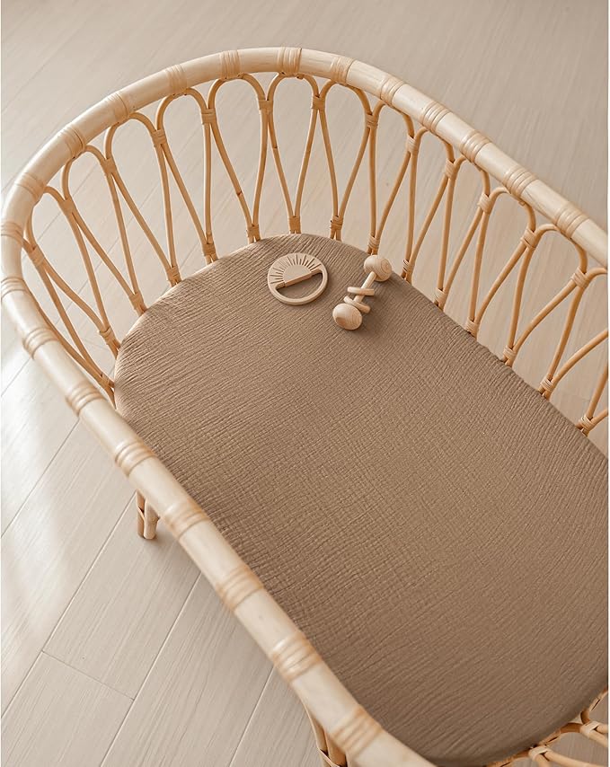 Konssy 2 Pack Muslin Bassinet Sheets for Baby Boy, 100% Cotton Soft Breathable Bassinet Mattress Sheets Fit for Hourglass Oval Cradle Rectangle Mattress (Brown,Summer Wheat)