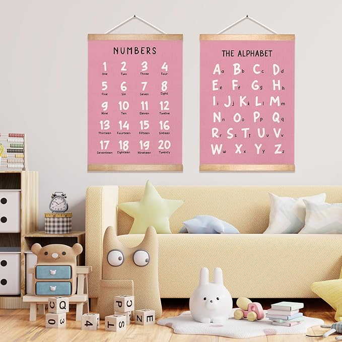 Kids Alphabet and Numbers Educational Chart Set of 2 for Classroom Decor,Colorful Educational Poster for Toddlers 1-3,Toddler Learning Poster for Kids Ages 3-5 for Nursery Playroom,Classroom Must Haves 14x18.5Inch(Pink)