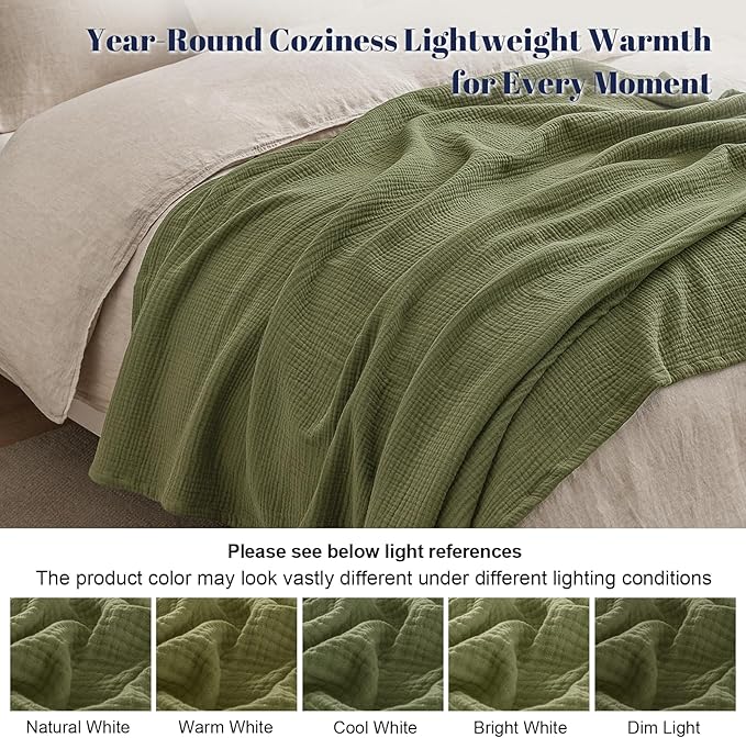 PHF 100% Cotton Muslin Throw Blanket 50" x 60", 4-Layer Lightweight Gauze Throw, Breathable Cloud-Soft Minimalist Blanket for Bed, Couch, Camping & Baby, Olive Green, Ideal Gift