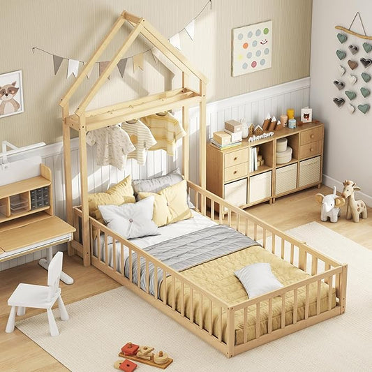 KOMFOTT Twin Size Floor Bed with House-Shaped Headboard, Kids Montessori Floor Bed with Detachable Clothes Hanger, Full Length Safety Guardrails, Door & Latch, Solid Wood Floor Bed Frame