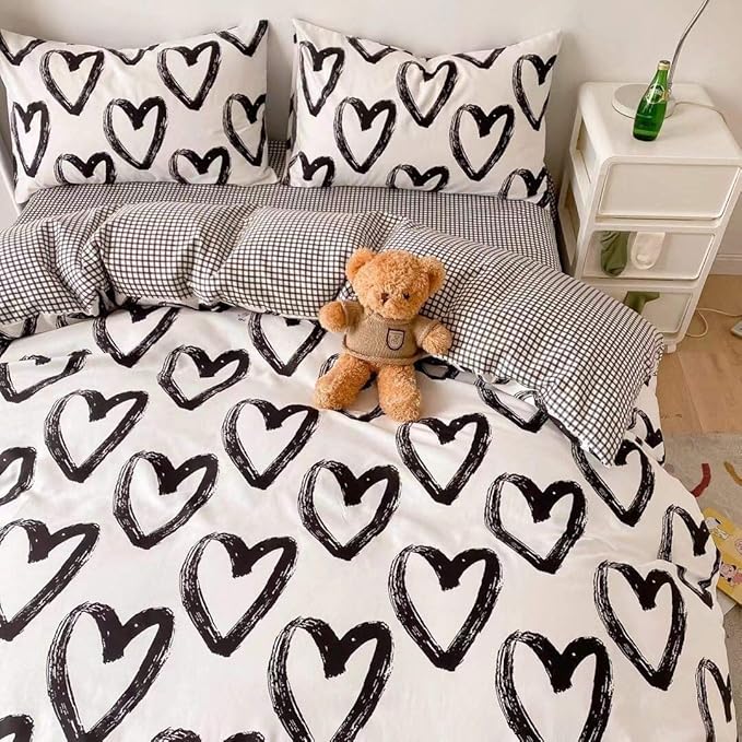 Houseri Love Duvet Cover Twin Heart Shaped Bedding Sets White and Black Duvet Cover for Toddlers Boys Girls Love Heart Bedding Duvet Covers Twin Size