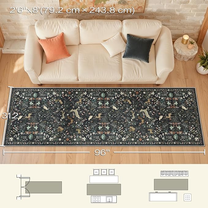 Runner Rug Washable Runners Kitchen Rugs Non Slip Animal Floral Carpet Low Pile for Indoor Hallways Entryway Living Room Bedroom Laundry Soft Mat 2'6''x8' Black