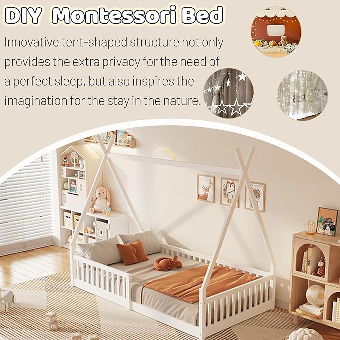 Twin House Bed with Fence Rails, Wood Montessori Floor Bed with Slats Support, Twin Size Teepee Tent Beds Kids Bed Frames for Girls Boys,White