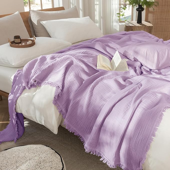 MooMee Muslin Blanket - 100% Cotton 4-Layer Gauze Throw Blanket with Tassels Ultra-Soft Breathable Lightweight Cooling for Bed Couch (Light Purple,King 104" x 90")