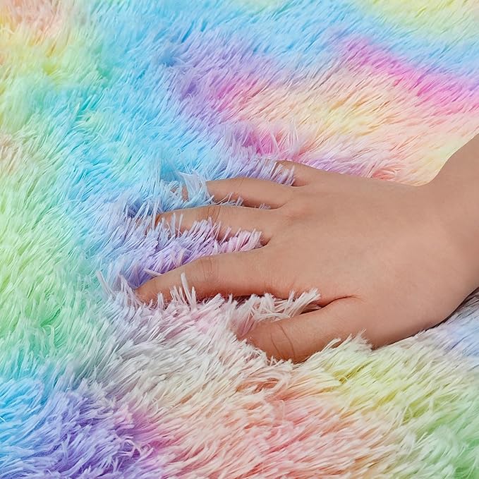 Rainbow Fluffy Round Area Rugs 3Ft Kids Rugs for Girls Bedroom, Soft Unicorn Rug Small Round Carpet Plush Shaggy Circle Rug Pink for Girls Room Nursery Baby Playroom Unicorn Home Decor