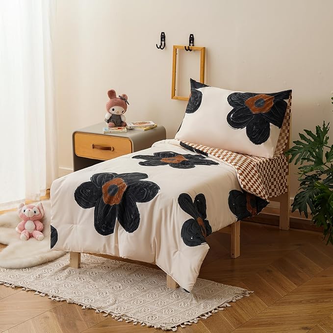 KAREVER Flower Toddler Bedding Set Botanical Print 4 Pieces Crib Bed Set Kids White Black Floral Comforter Set