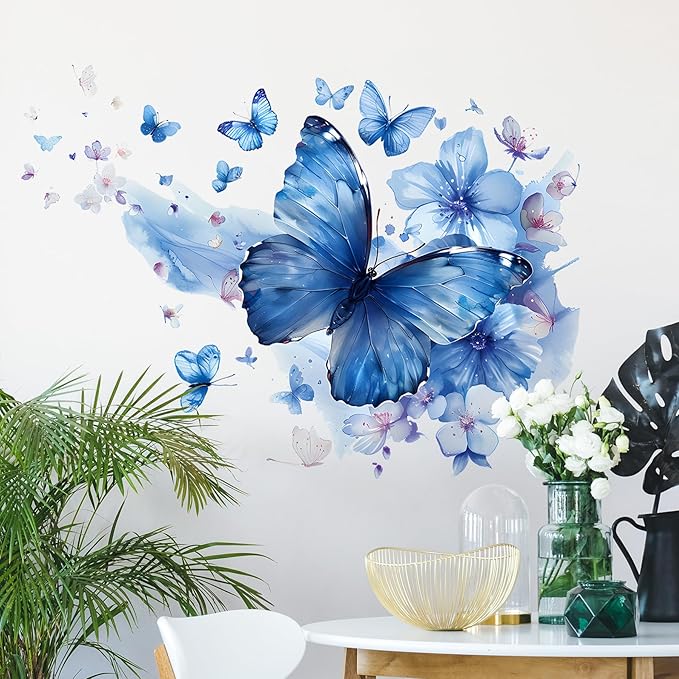 Blue Butterfly Wall Decals Removable Butterfly Flower Wall Stickers Peel and Stick Butterflies Wall Decor Stickers for Kids Girls Bedroom Nursery Bathroom Decorations MK3155