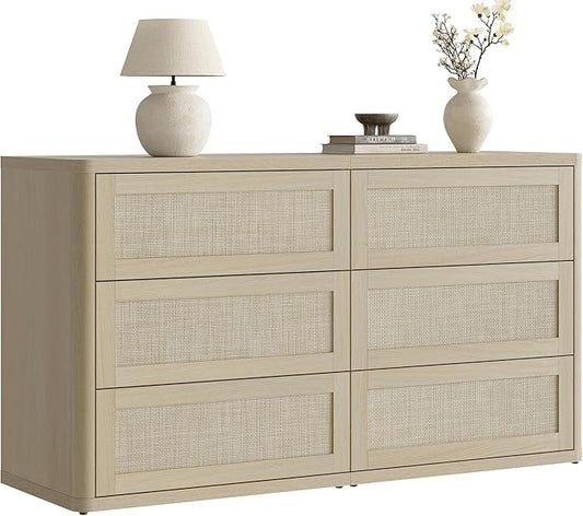 SICOTAS Dresser for Bedroom - 6 Drawer Dresser for Nursery 54" Wide Rattan Dressers & Chests of Drawers Boho Drawers for Bedroom Living Room Clothes Large Closet Storage for Closet Hallway Entryway