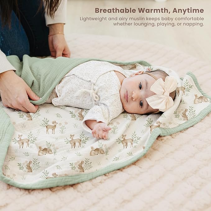 Konssy Muslin Baby Blankets for Girls Boys, 100% Cotton Crib Blanket for Infant Toddler, Super Soft and Lightweight Nursery Swaddling Wrap 47"x47" (Woodland)