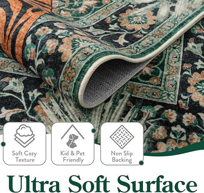 Moynesa Tiger Washable Rugs, 8x10 Area Rugs for Living Room, Soft Large Vintage 8x10 Bedroom Green Rug, Botanical Non Slip Ultra Thin Floor Carpet for Dining Room Home Office