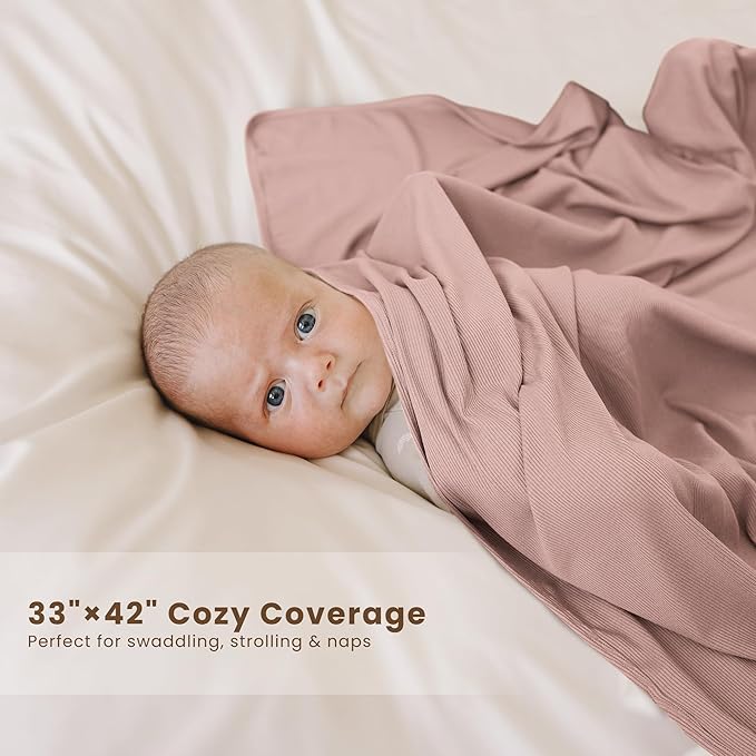 Konssy Knit Baby Blanket 2 Pack, Soft Ribbed Swaddle Receiving Blankets for Boys & Girls, Lightweight Cozy Warm Crib Blanket for Newborns, Infants, & Toddlers, 33x42 Inch (Taupe, Butterfly Dreams)