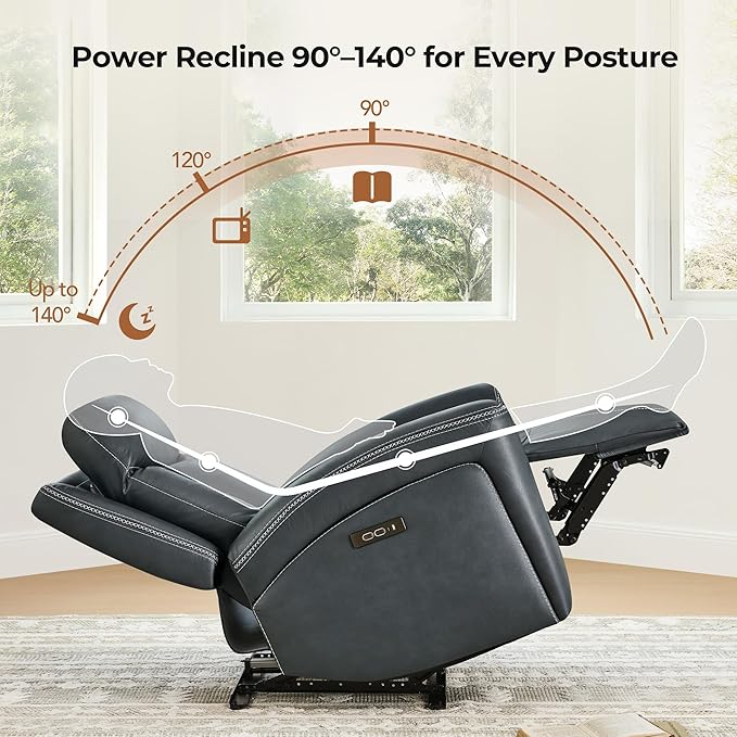 CHITA Genuine Leather Power Recliner Chair for Adults, Super Zero Gravity Recliner with Adjustable Power Headrest & USB/Type-C Ports, for Living Room, Bedroom & Home Theater, Navy Blue