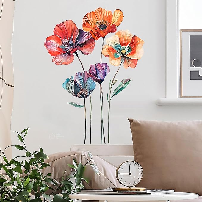 Large Vinyl Floral Wall Decals Peel and Stick Sunset Coral Flower Murals for Girls Bedroom Living Room Pillow