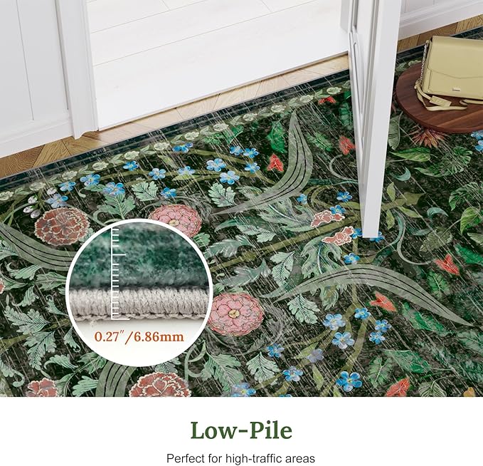 AMTOVO 5x7 Washable Area Rugs for Living Room, Vintage Boho Floral Distressed Print Non-Slip Carpet, Soft Colorful Accent Rug for Bedroom Dining Room Playroom Nursery Farmhouse Girls Room, Dark Green
