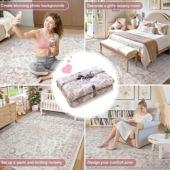 Wonnitar Vintage Floral Rugs for Bedroom Girls, 5x7 Washable Pink Nursery Rug for Baby, Ultra-Thin Non Slip Soft Medallion Carpet for Aesthetic Decor Toddler Kids Room Living Room