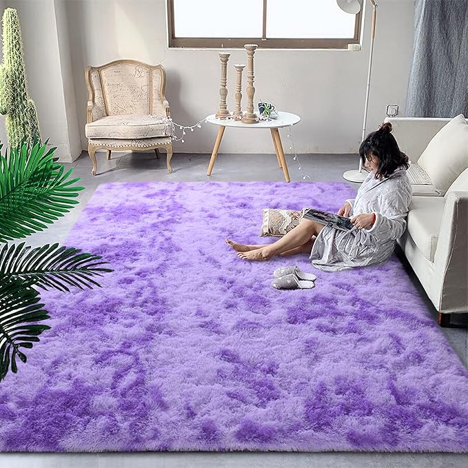 DweIke Fluffy Purple Shag Rugs for Bedroom Living Room, 6x9 Large Soft Plush Tie-Dyed Light Purple Girls Boys Kids Rug, Upgraded Non-Slip and Machine Washable Carpet for Dorm Nursery Classroom Decor