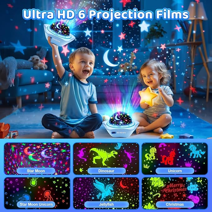 One Fire Night Light for Kids Gifts, 6 Films+78 Lighting Modes Ceiling Star Projector, Rechargeable Night Light Projector,360°Rotion Star Lights for Bedroom Decor,Sensory Toys for Baby Christmas Gifts