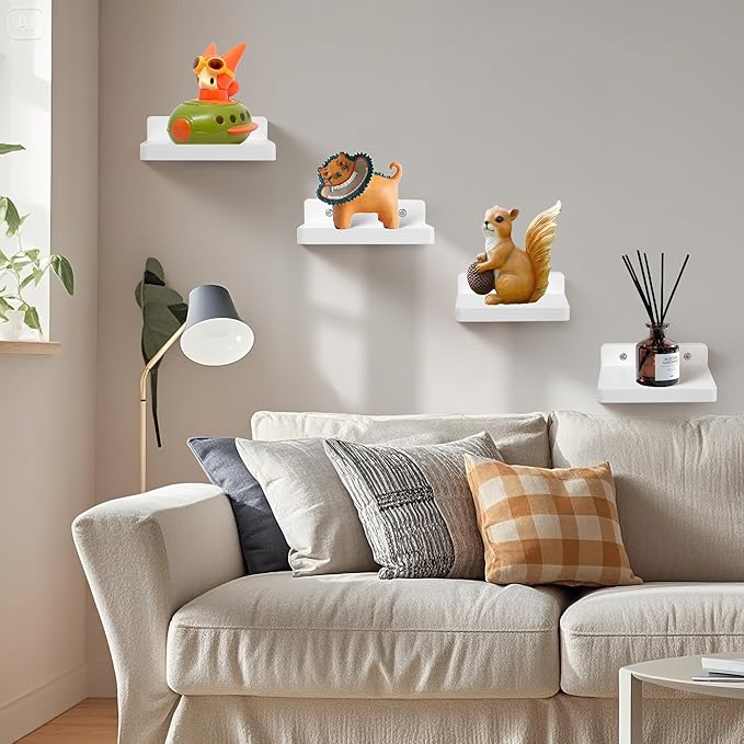 Small Floating Shelf for Wall,5 Inch Wooden Wall Shelf Set of 2,Mini Speaker, Baby Monitor,Cameras，Figurines Display Stand, for Bedroom, Gaming Room, Living Room, Bathroom, Office(White)