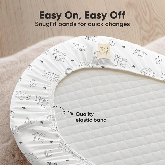 2-pk Waterproof Bassinet Sheets Girls, Boys, Cotton - 33x17 Universal Bassinet Mattress Pad Protector Cover, Compatible with Graco,Baby Delight,Chicco,Halo Bassinest Swivel Sleeper Fitted (Woodland)