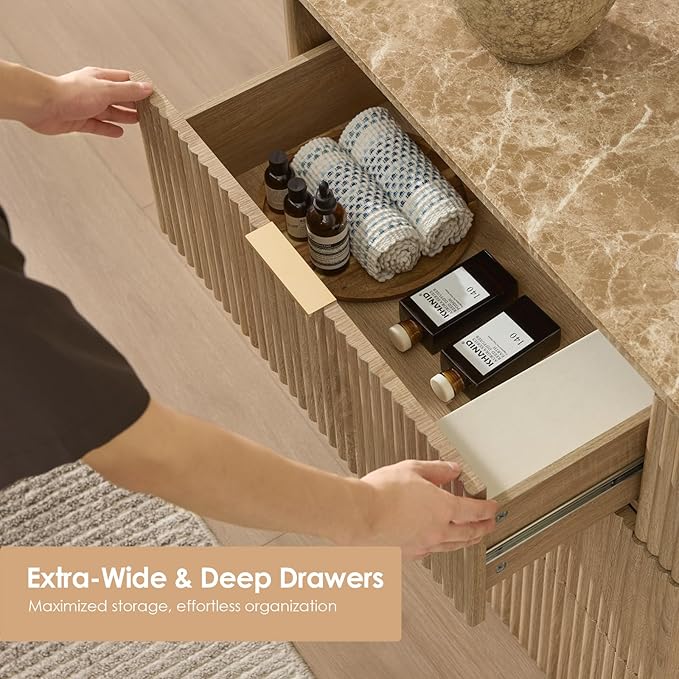 Fluted 9 Drawer Dresser for Bedroom, 63" Wide Modern Chest of Drawers with Faux Marble Top, Curved Corners Design, Wooden Dresser TV Stand with Organizer Storage for Living Room (Natural Oak, 63" W)