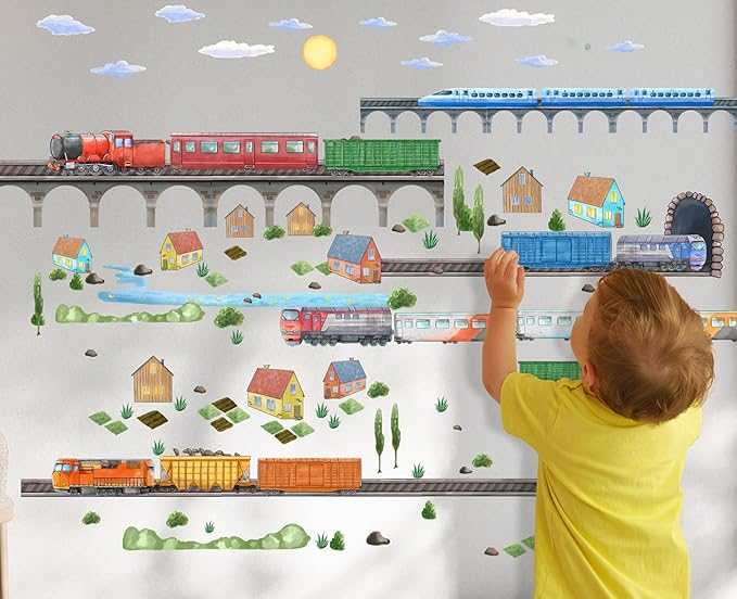 Train Wall Decals for Kids by Lipastick - Educational Railroad Wall Stickers for Boys and Girls - Peel and Stick Locomotive, Carriage, Wagon Wall Decals for Nursery, Playroom, Bedroom Decor -M Size
