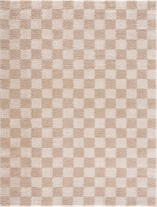 BoutiqueRugs Canika Modern Checkered Shag Rug - High Pile Fluffy Shaggy Carpet for Hallway, Nursery, Playroom, Girls Boys Room - Machine Washable - Peach, Beige - 2' x 2'11"