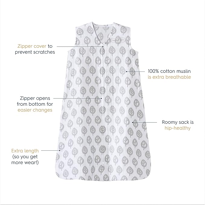 HALO 100% Cotton Muslin Sleepsack Wearable Blanket, TOG 0.5, Grey Tree Leaf, Large