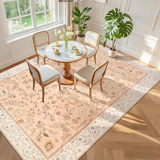 9x12 Rugs for Living Room, Orange Washable Floral Area Rug for Bedroom, Soft Non Slip Indoor Low Pile Carpet for Kitchen Dining Room, Large Boho Throw Carpets for Kids Nursery Office Dorm Home Decor