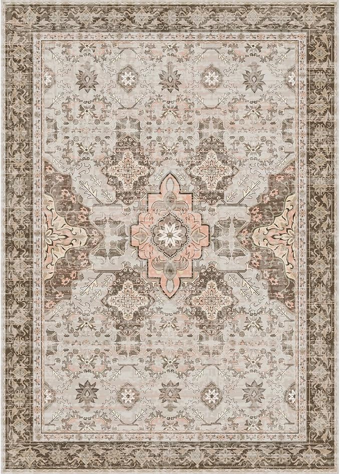 AMTOVO Area Rugs 5'x7' Washable Non-Slip, Vintage Boho Distressed Print Pattern Rugs for Living Room, Soft Low Pile Carpet for Bedroom Indoor Playroom Nursery Farmhouse Dining Room, Light Brown