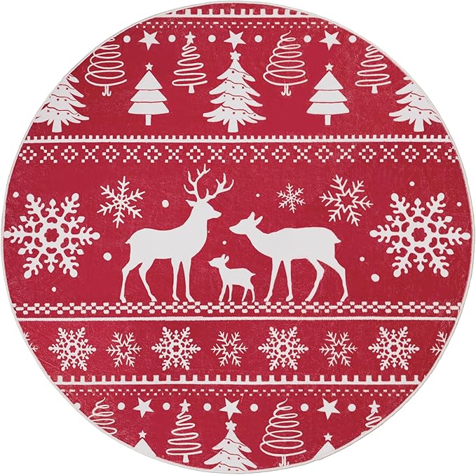 4' Machine Washable Christmas Round Area Rug, Non-Slip Vintage Floral Circle Floor Rugs for Kids, Low Pile Room Carpet for Living Room, Bedroom, Dining Room & Nursery(4' Elk)