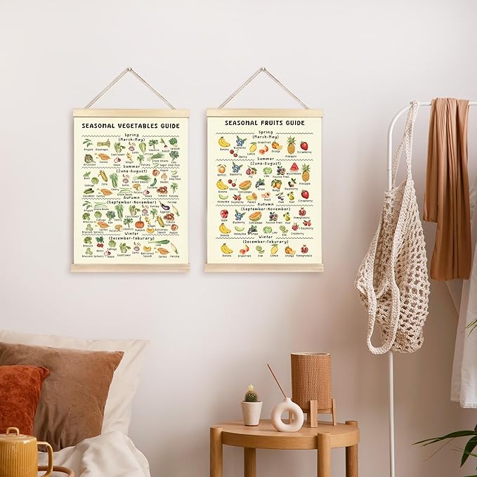 CGBHW Seasonal Fruits and Vegetables Poster Hanger Frame, Seasonal Produce Posters Wall Art Hanging Decor for Kitchen Farmers Market Classroom Nursery Preschool, Food Lover Gift, 12x16Inch Set of 2