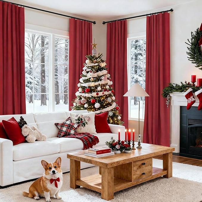 INOVADAY 100% Blackout Curtains for Bedroom, Black Out Curtains 84 Inch Long, Clip Rings Linen Blackout Drapes, Thermal Insulated Room Darkening for Living Room, 2 Panels - Ruby Red,W50xL84