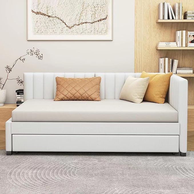 Harper & Bright Designs Upholstered Daybed with Trundle Twin Size Sofa Bed Frame No Box Spring Needed, Linen Fabric(Beige)