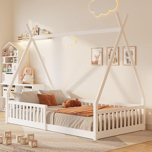 Merax Twin Size House Platform Frames Bed Floor Bed with Fence for Boys or Girls, No Box Spring Needed(Slats Kit Included), White