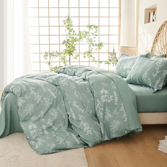 MUXHOMO Duvet Cover King Size, Reversible Floral Green Duvet Cover Set with Zipper Closure, 3 Pieces Botanical Patterns Soft Microfiber Bedding Set (90"x104", 2 Pillow Cases 20"×36")